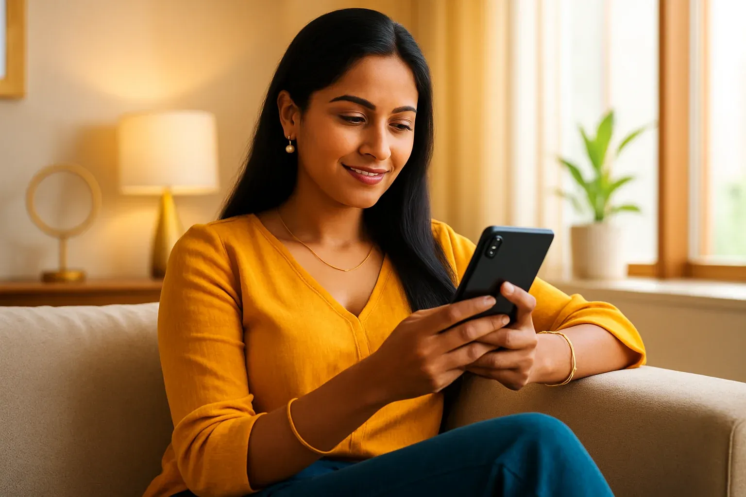 Indian woman in elegant outfit using smartphone in bright modern interior for online casino app banner