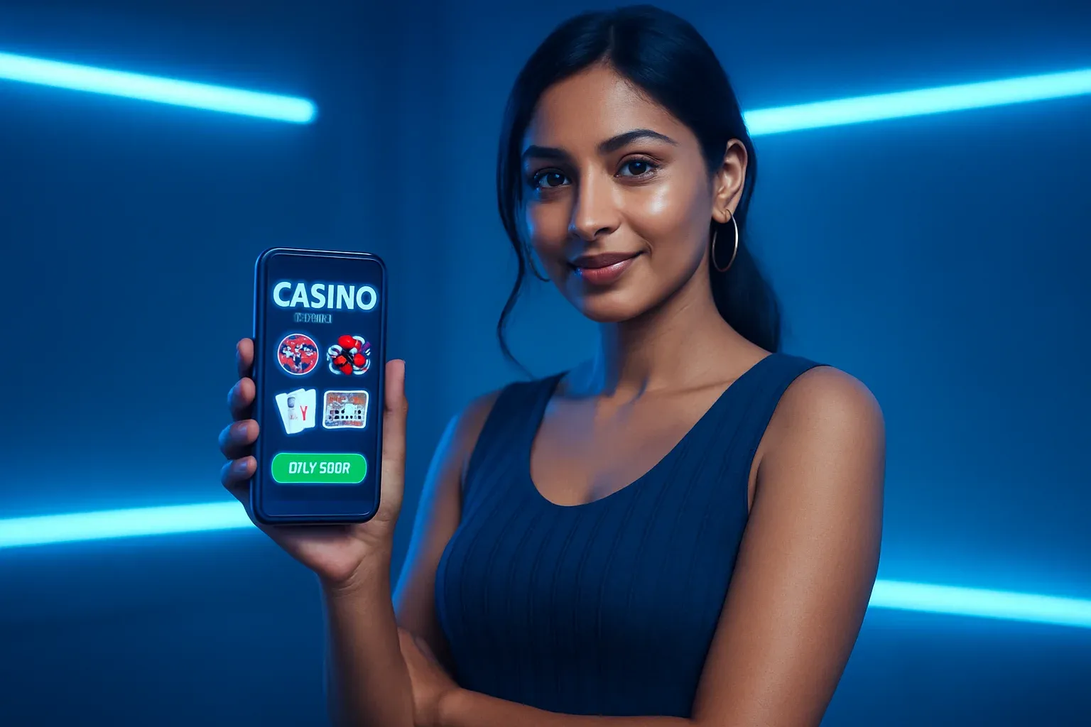 Indian woman in stylish dress holding smartphone showing casino app interface on light background