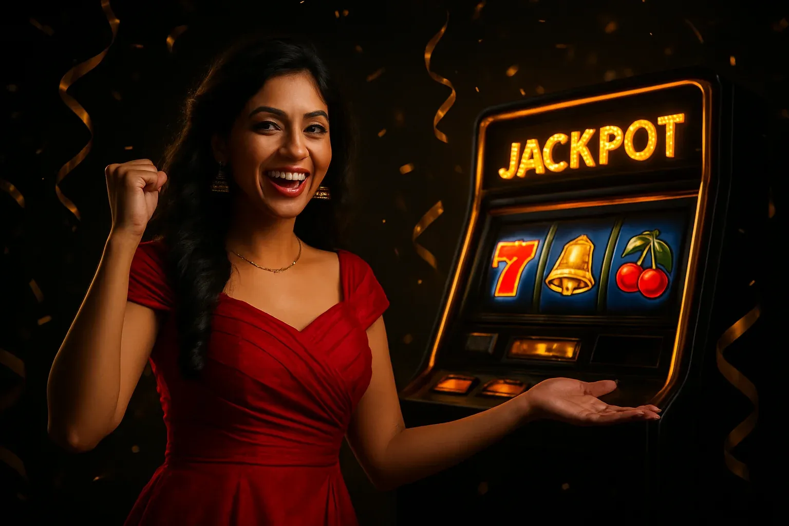 Happy Indian woman in red dress celebrating with golden ribbons and slot machine