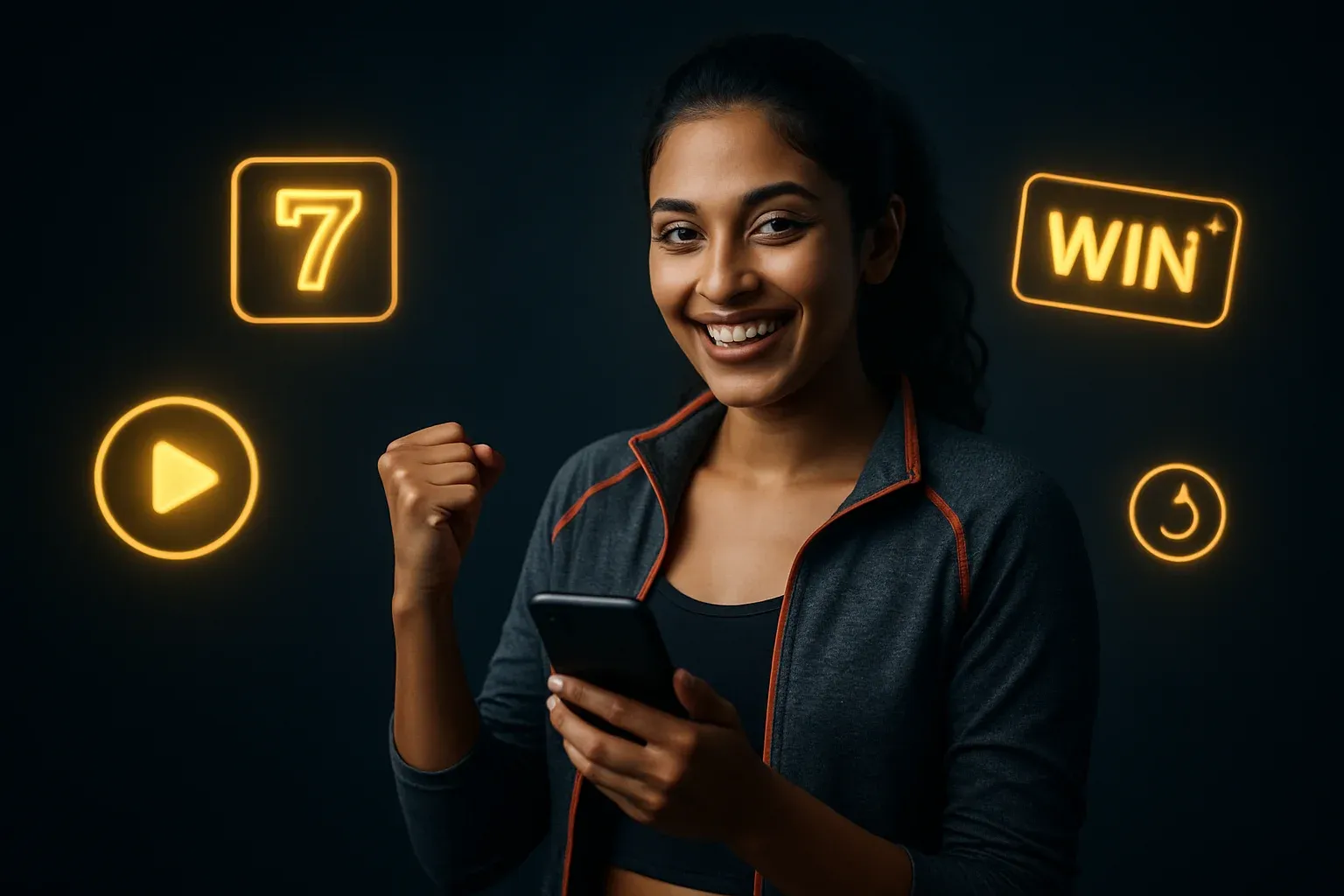 Indian woman in sporty outfit posing confidently for instant games banner with bright background