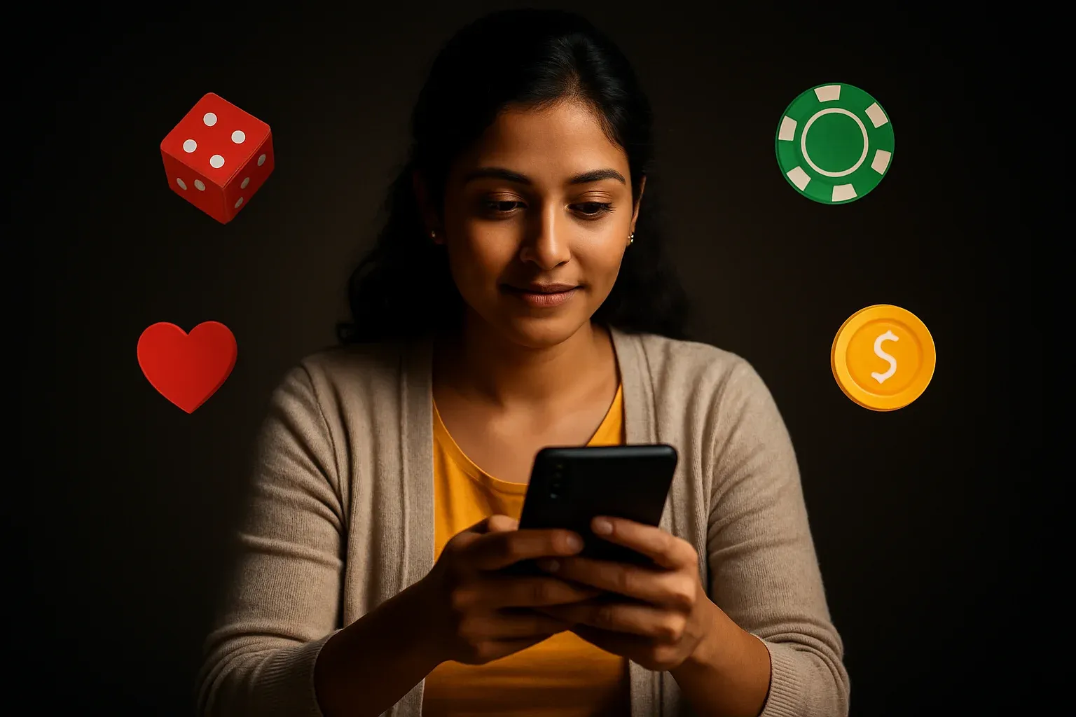 Indian woman playing instant casino games with colorful game elements on bright background