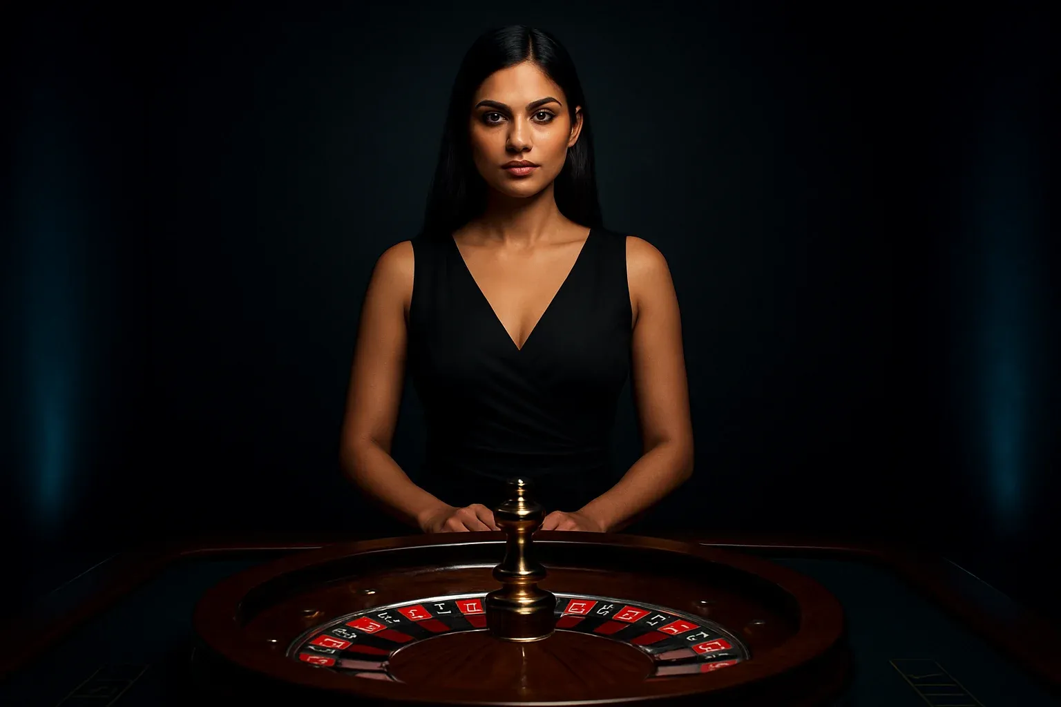 Indian female live dealer in black dress at roulette table in live casino studio