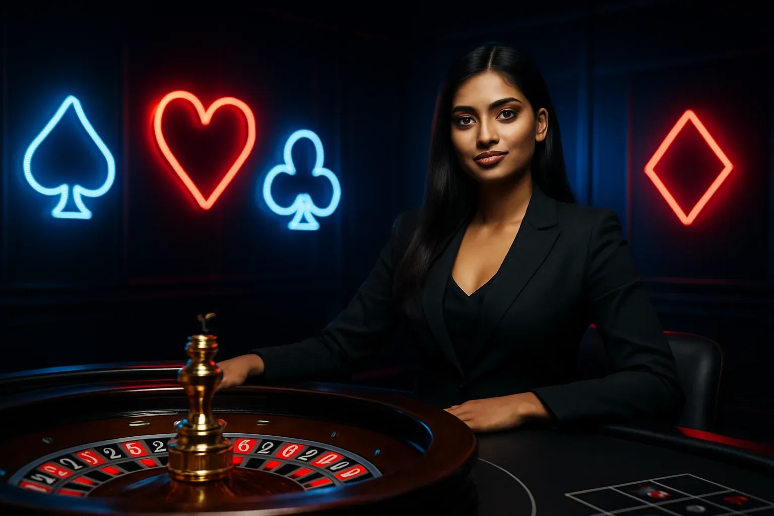 Indian woman casino hostess in black outfit seated at roulette table with neon casino symbols in background