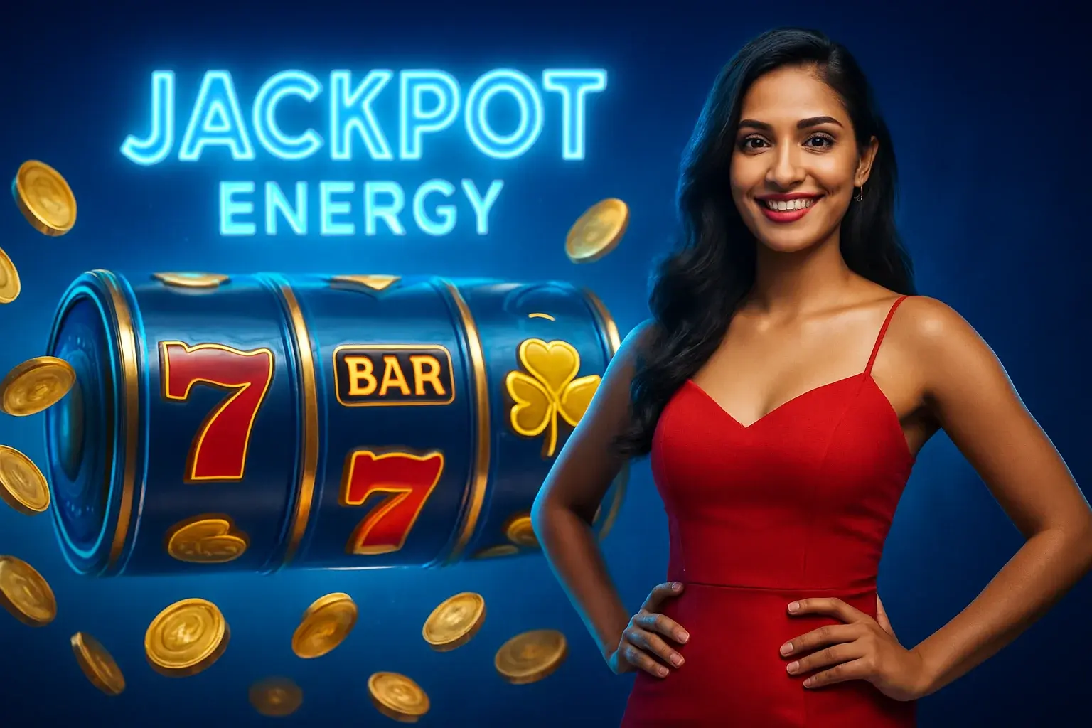 Hyperrealistic slot game banner with Indian woman in red dress, big reels, lucky symbols, and gold coins