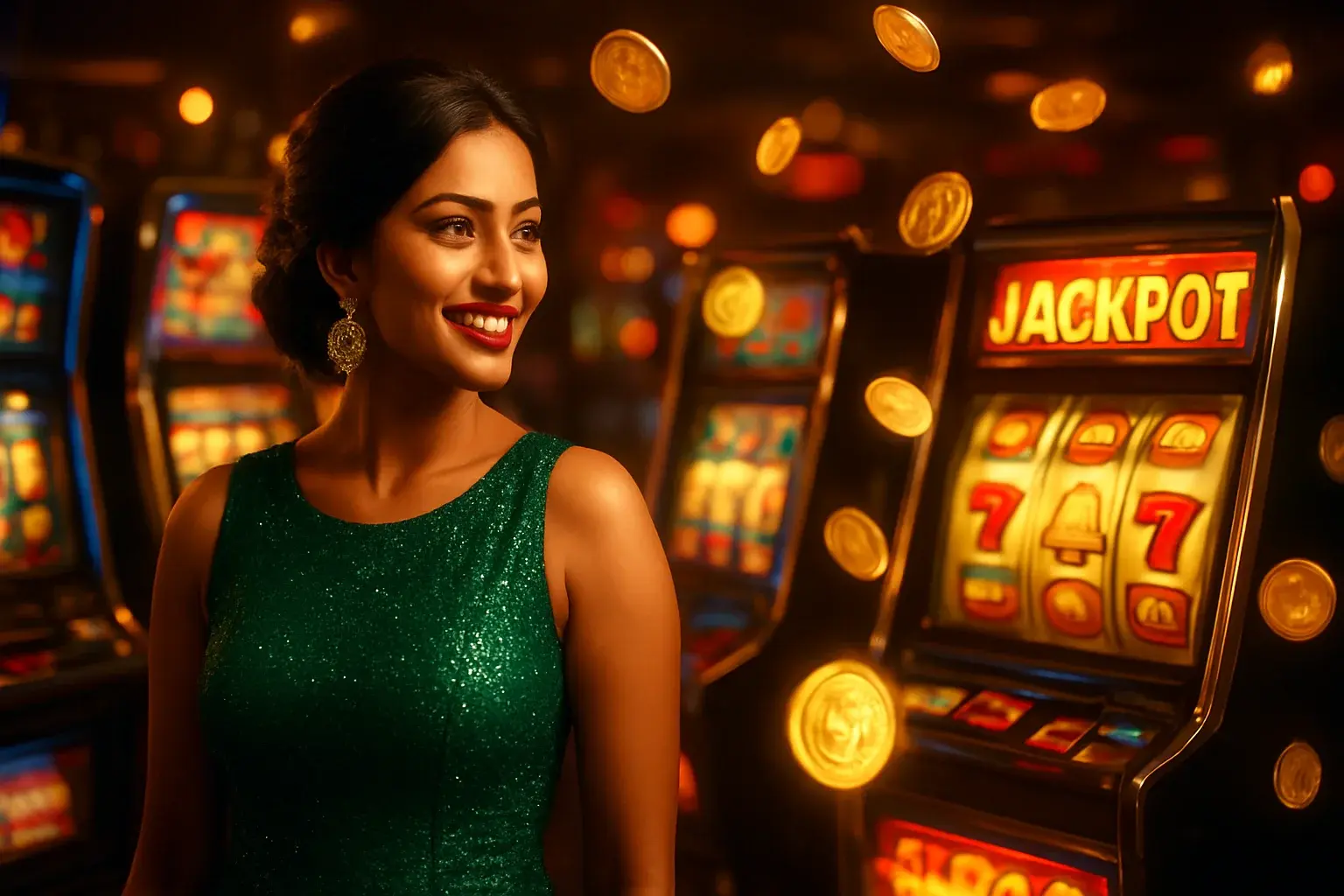 Indian woman in green dress surrounded by colorful slot machines and jackpot symbols with flying coins and glowing reels in vibrant casino background