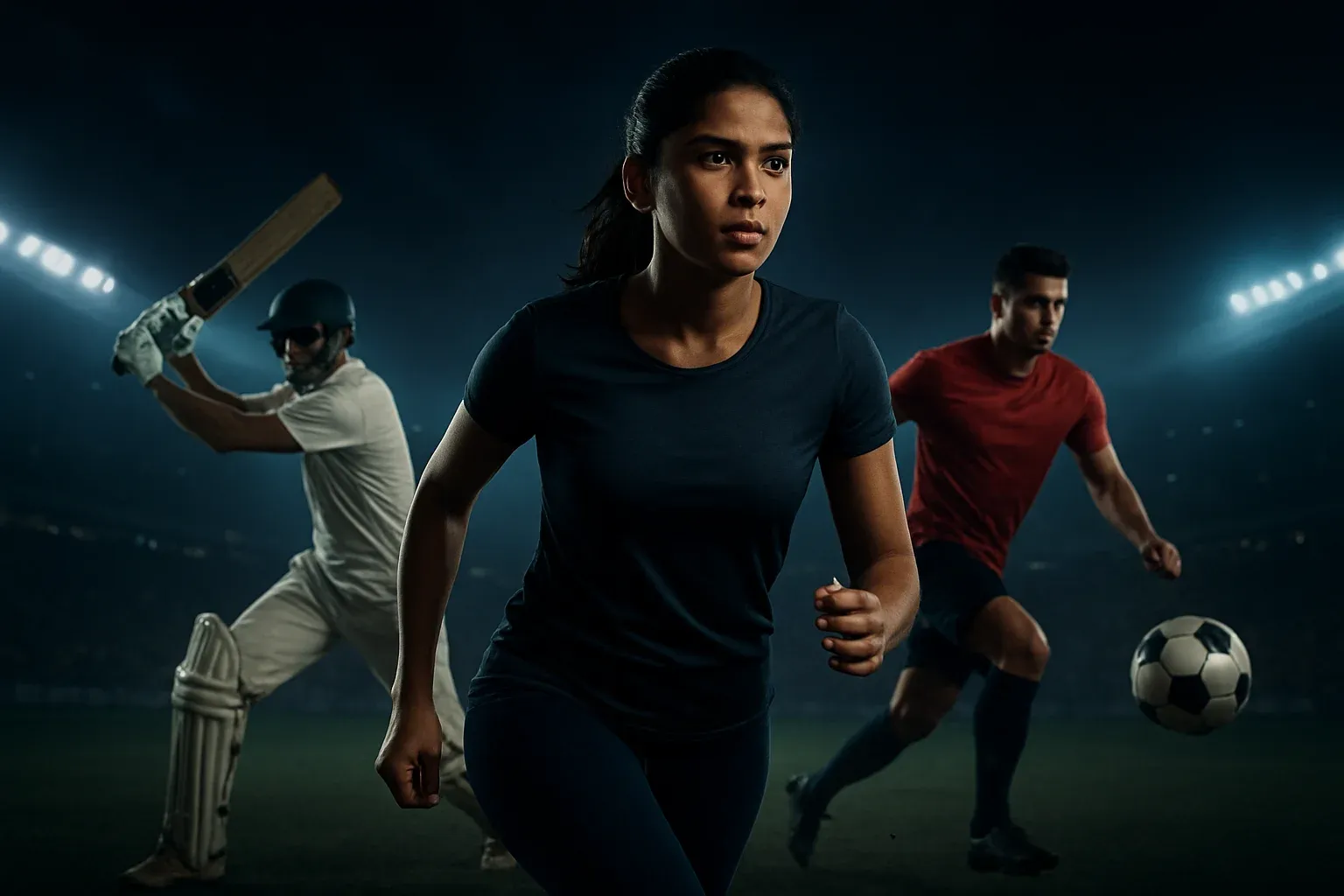 Indian woman in sporty outfit with cricket and football players in night stadium